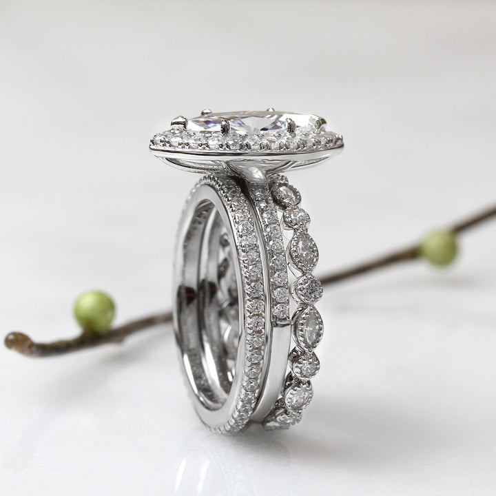 1.5 CT Art Deco Halo Marquise Cut Stackable Sterling Silver Bridal Set shine of diamond