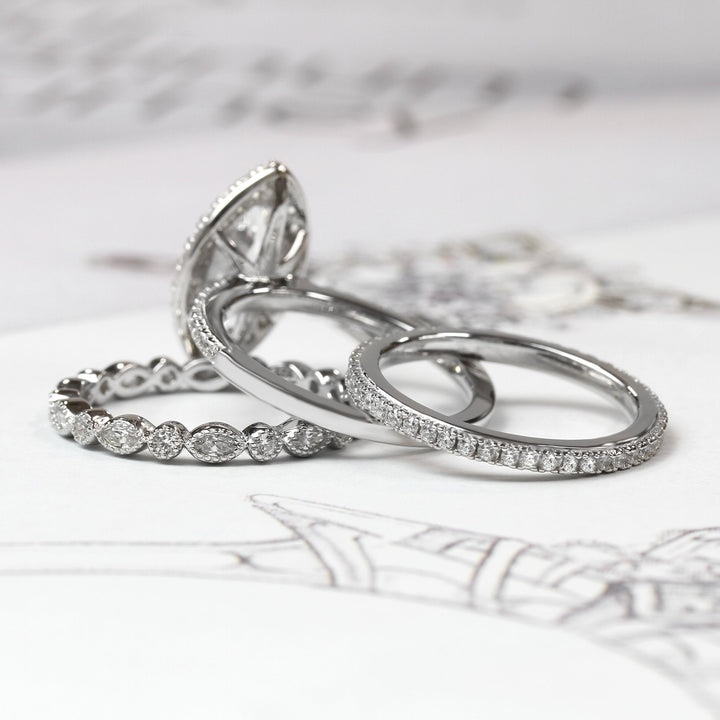 1.5 CT Art Deco Halo Marquise Cut Stackable Sterling Silver Bridal Set shine of diamond