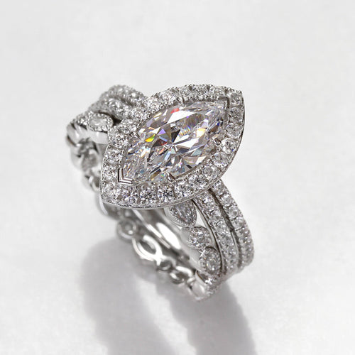 1.5 CT Art Deco Halo Marquise Cut Stackable Sterling Silver Bridal Set shine of diamond