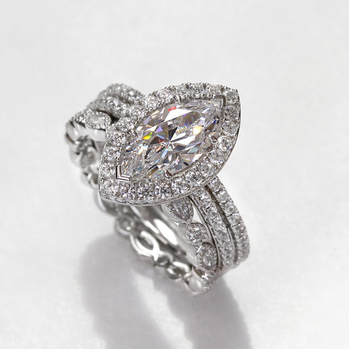1.5 CT Art Deco Halo Marquise Cut Stackable Sterling Silver Bridal Set shine of diamond