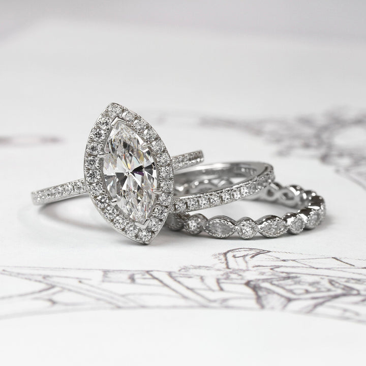 1.5 CT Art Deco Halo Marquise Cut Stackable Sterling Silver Bridal Set shine of diamond