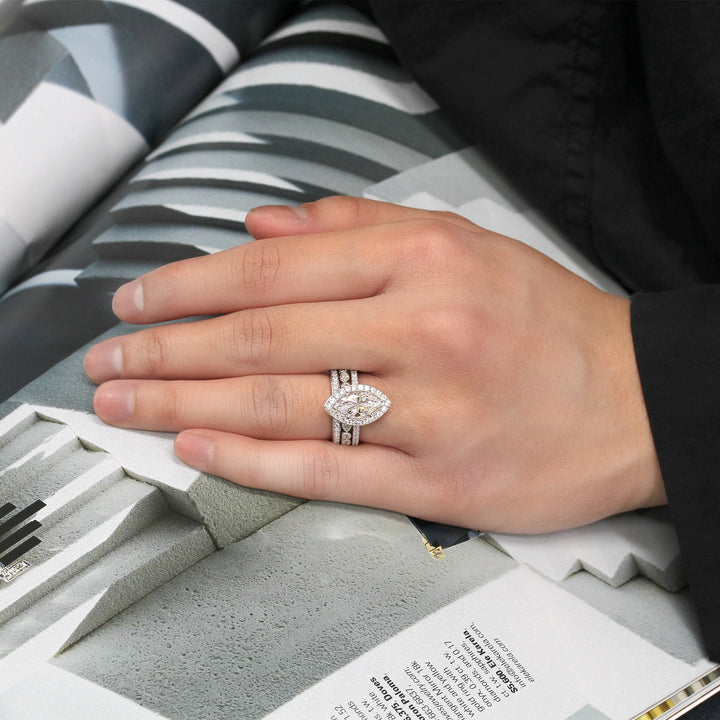 1.5 CT Art Deco Halo Marquise Cut Stackable Sterling Silver Bridal Set shine of diamond