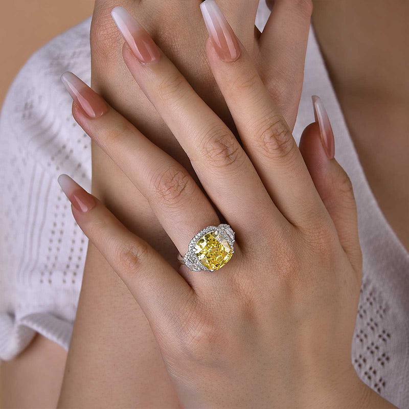 Halo Yellow  Cushion Cut Three Stone Sterling Silver Engagement Ring Shineofdiamond