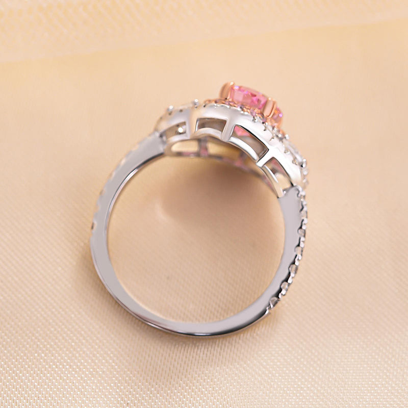 Stunning Double Halo Oval Cut Pink Sterling Silver Engagement Ring Shineofidamond