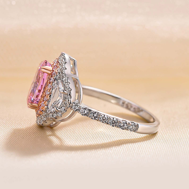 Stunning Double Halo Oval Cut Pink Sterling Silver Engagement Ring Shineofidamond