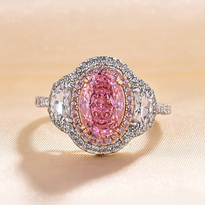 Stunning Double Halo Oval Cut Pink Sterling Silver Engagement Ring Shineofidamond