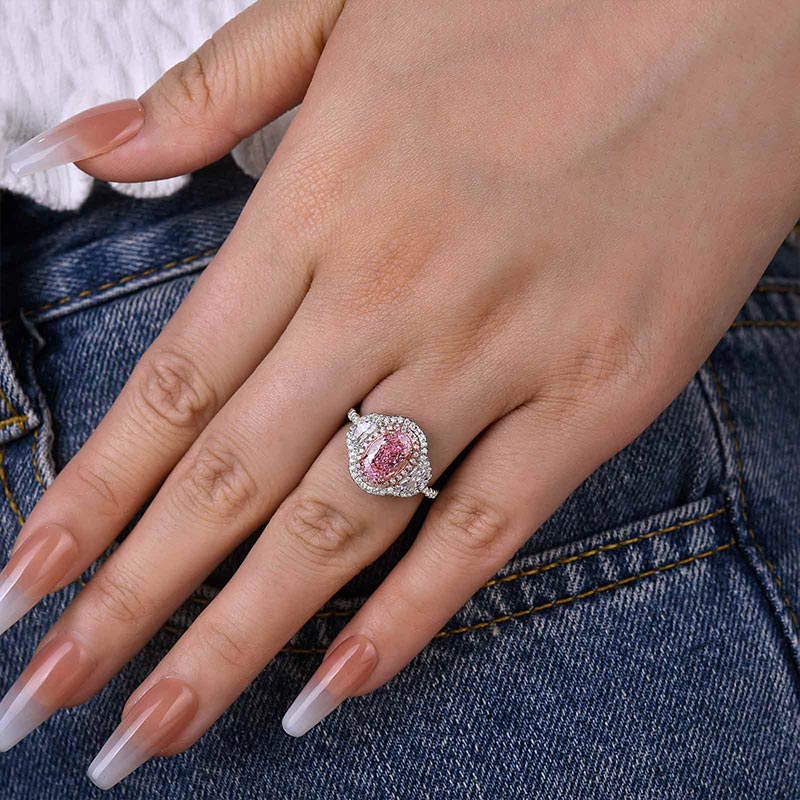 Stunning Double Halo Oval Cut Pink Sterling Silver Engagement Ring Shineofidamond