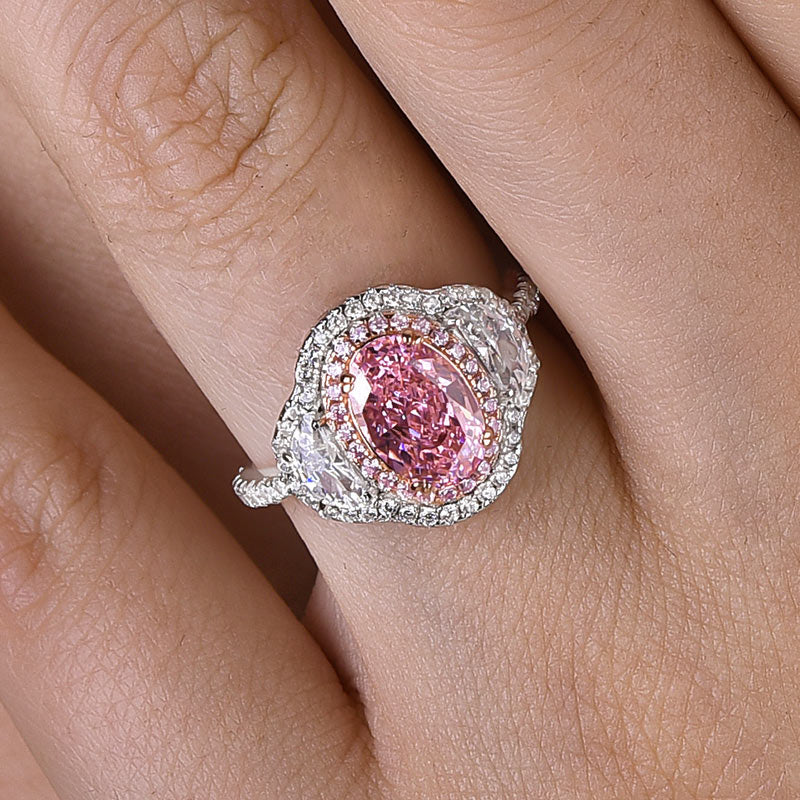 Stunning Double Halo Oval Cut Pink Sterling Silver Engagement Ring Shineofidamond