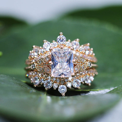 Elegant 2 Pcs Radiant Cut Enhancer Rose Golden Tone Wedding Bridal Set shine