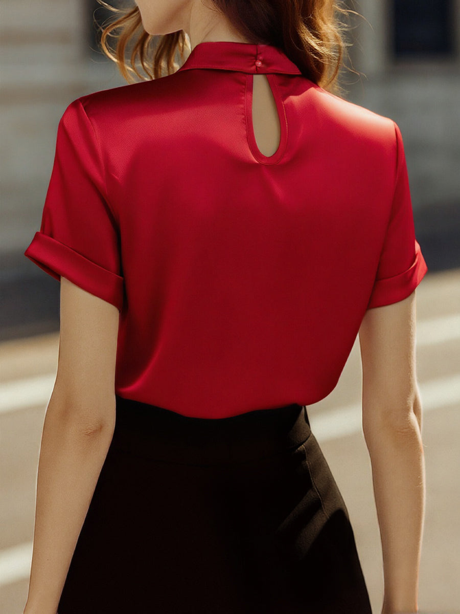 Sophisticated White Satin Blouse with Modern Keyhole Neckline MLZ