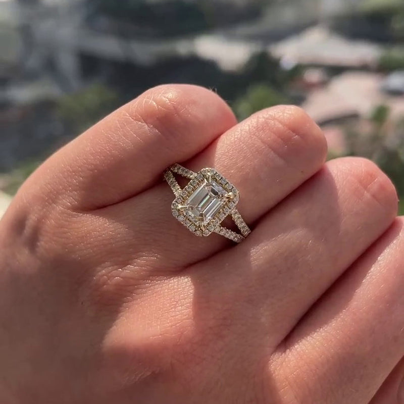 Luxurious Golden Tone Halo Emerald Cut Split Shank Engagement Ring Shineofdiamond
