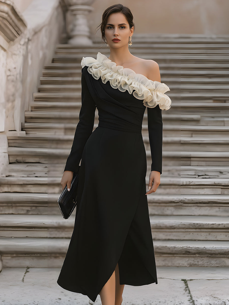 Asymmetric Ruffled Off-Shoulder Midi Dress XYS