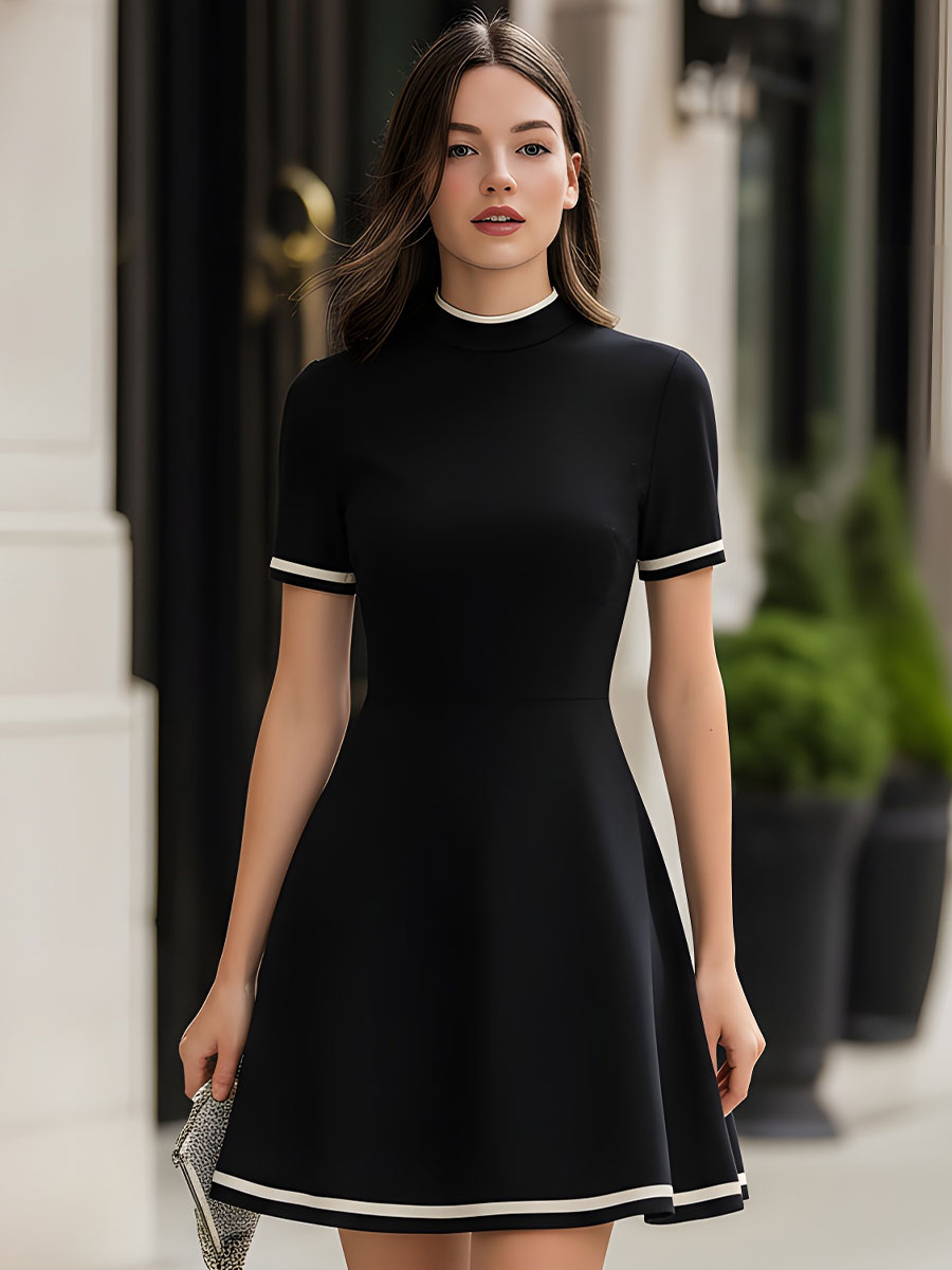 Mock Neck Contrast Trim Fit & Flare Mini Dress SN