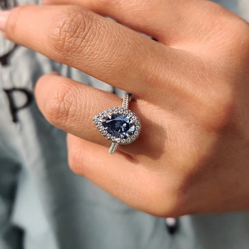 Halo Pear Cut Blue Stone Engagement Ring Three Sided Pave In Sterling Silver Shineofdiamond