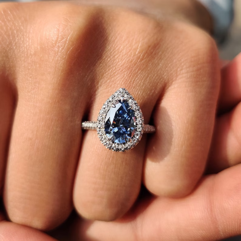 Halo Pear Cut Blue Stone Engagement Ring Three Sided Pave In Sterling Silver Shineofdiamond