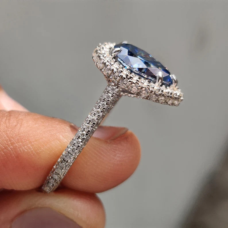Halo Pear Cut Blue Stone Engagement Ring Three Sided Pave In Sterling Silver Shineofdiamond