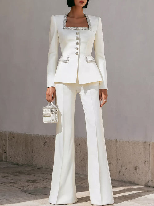 White Structured Suit With Embellished Trim And Sculpted Silhouette ZJ