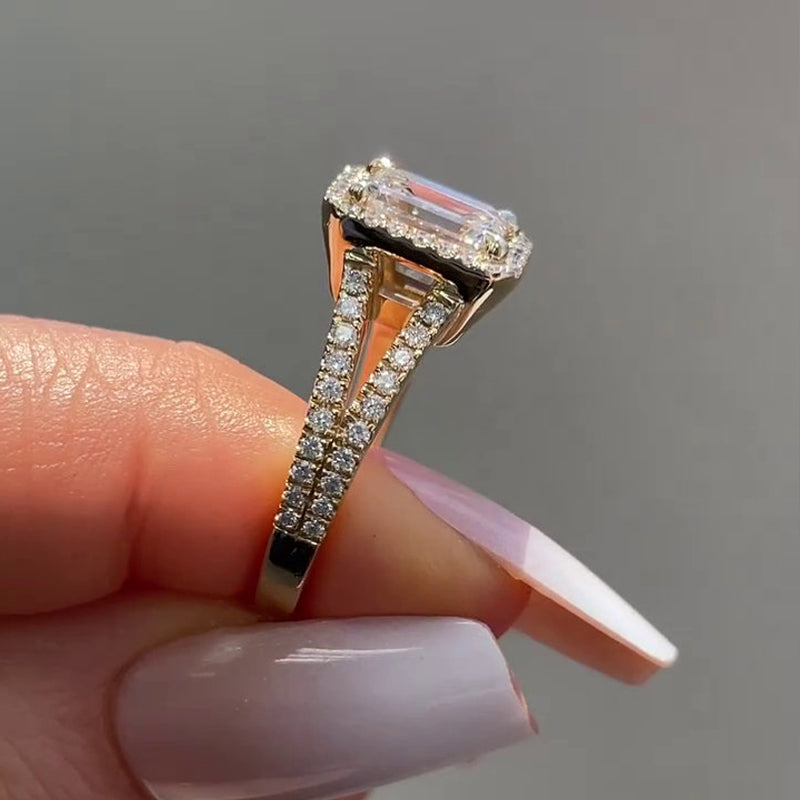 Luxurious Golden Tone Halo Emerald Cut Split Shank Engagement Ring Shineofdiamond
