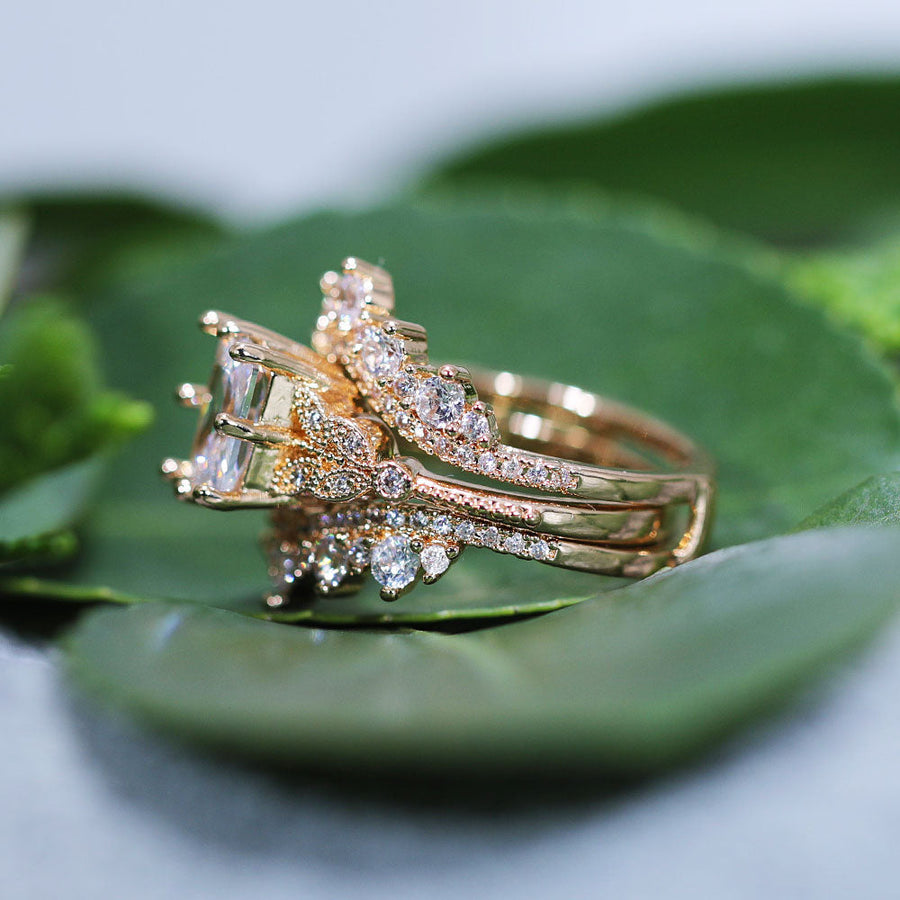 Elegant 2 Pcs Radiant Cut Enhancer Rose Golden Tone Wedding Bridal Set shine