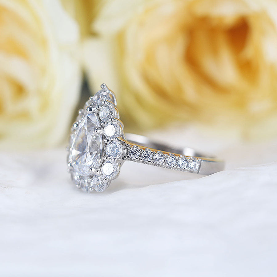 Stunning Pear Cut Halo Design Sterling Silver Engagement Ring Shine of Diamond