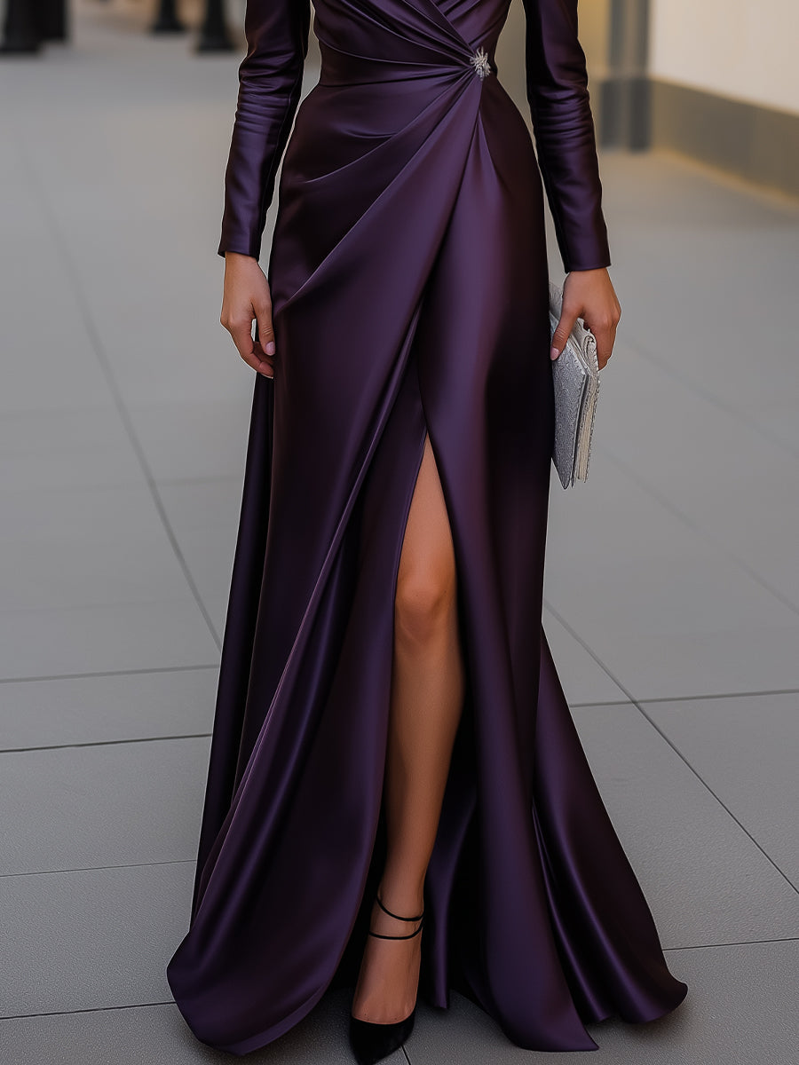 Satin Asymmetric Draped Evening Gown MLZ