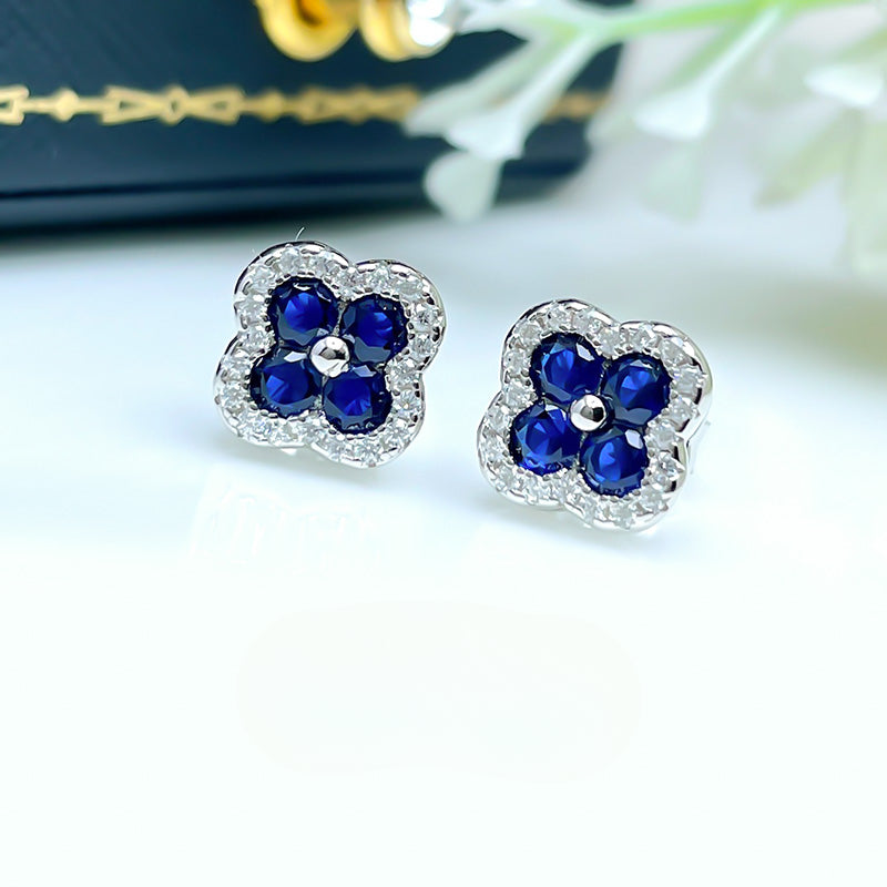 Clover Design Sapphire Stud Earrings in Sterling Silver shine of diamond