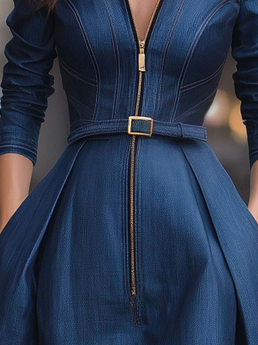 Elegant Zippered Belted Denim Midi Dress HWT