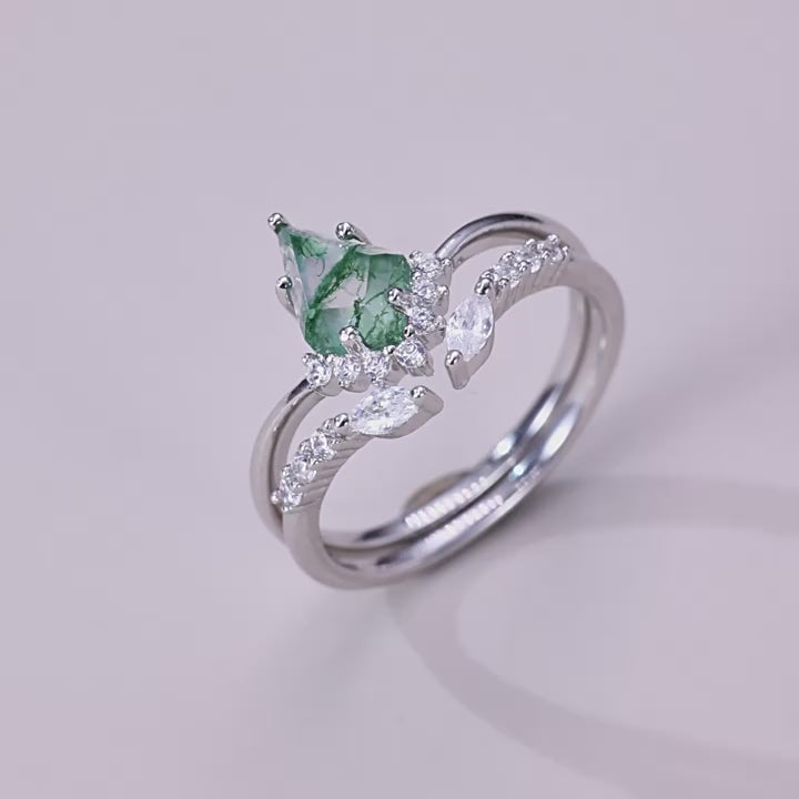 Retro Natural Green Moss Agate Ring Set For Women Carly Jewelry