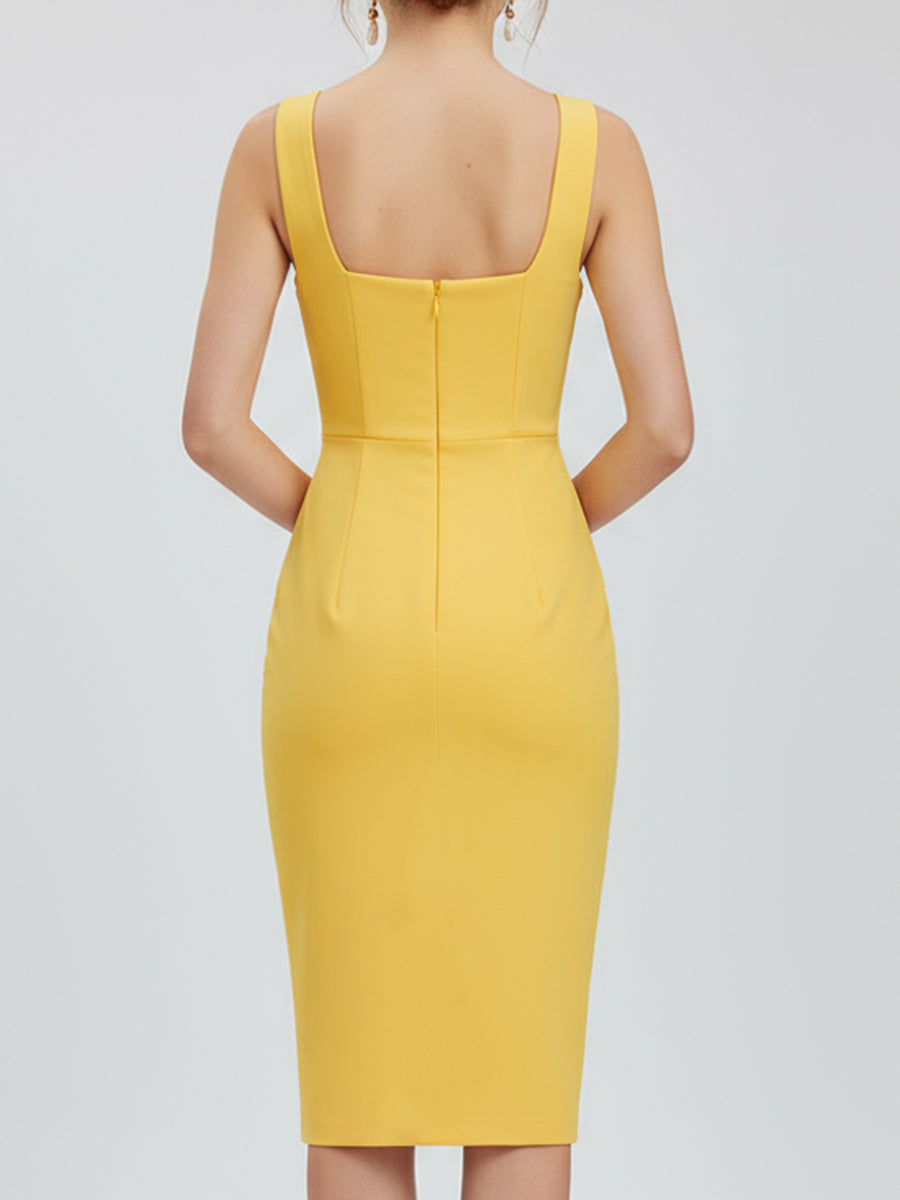Stylish Square-Neck Bodycon Midi Dress HWT