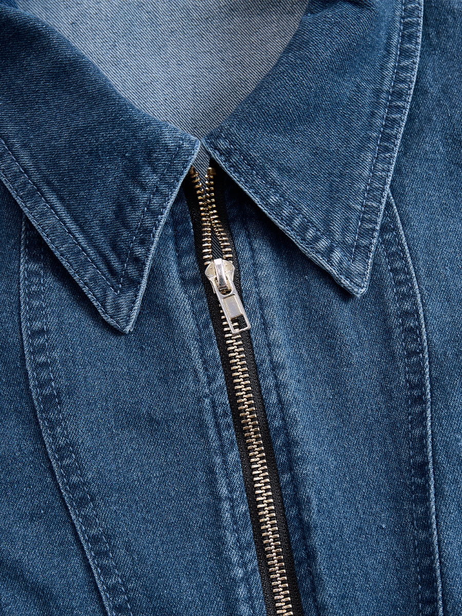 Elegant Zippered Belted Denim Midi Dress HWT