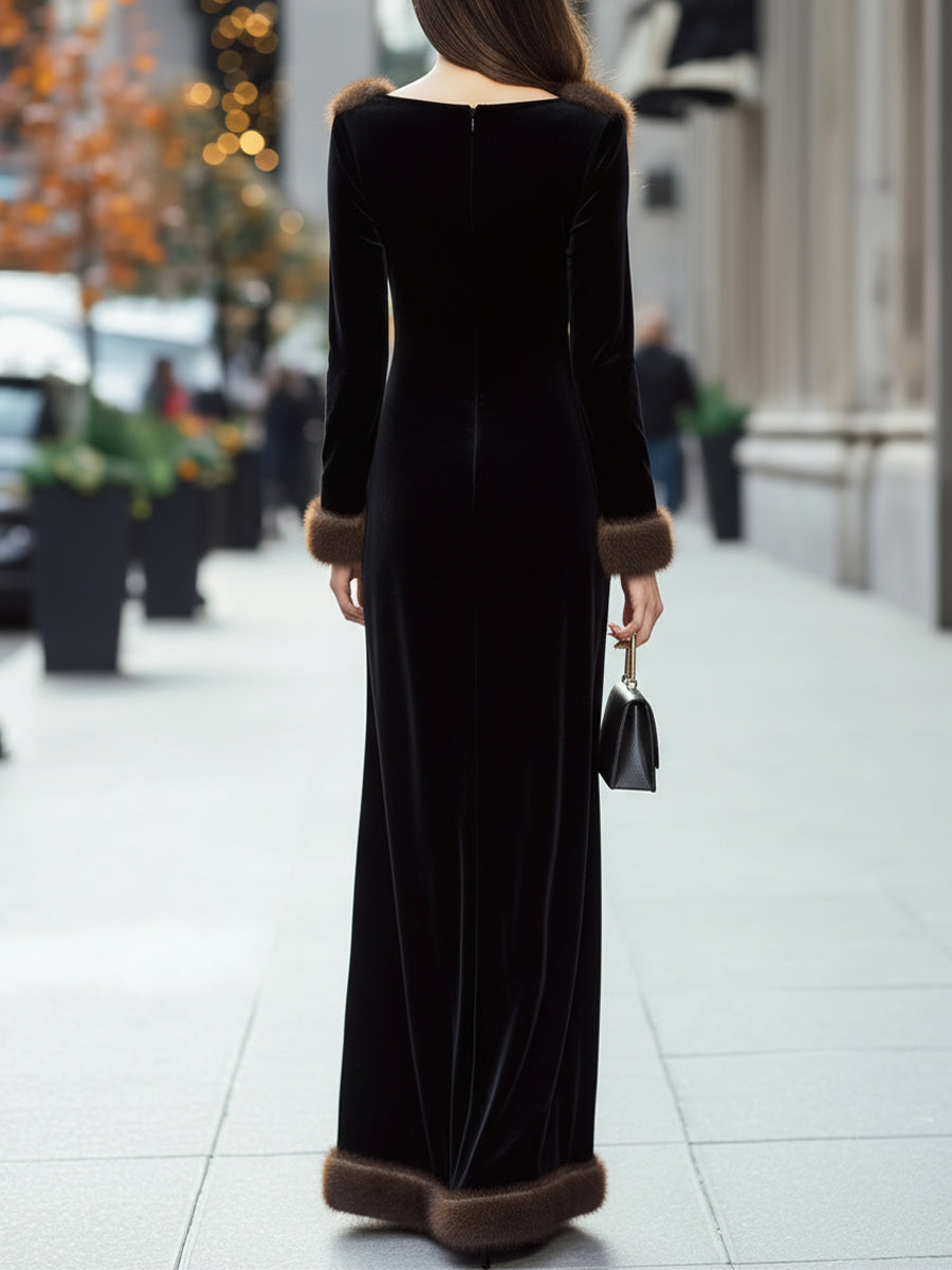 Luxurious Black Velvet Gown With Faux Fur Trim SN