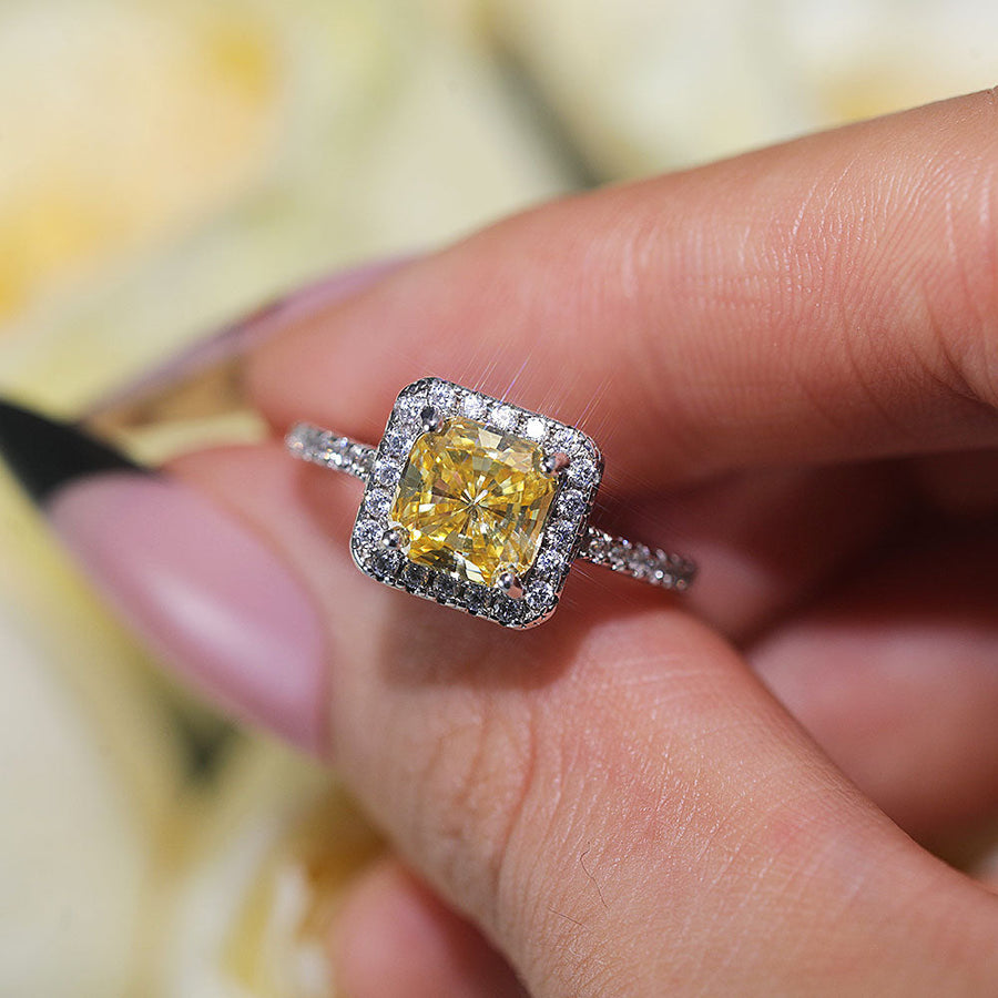 Vintage Cushion Cut Halo Design Yellow Sterling Silver Ring Shine of Diamond