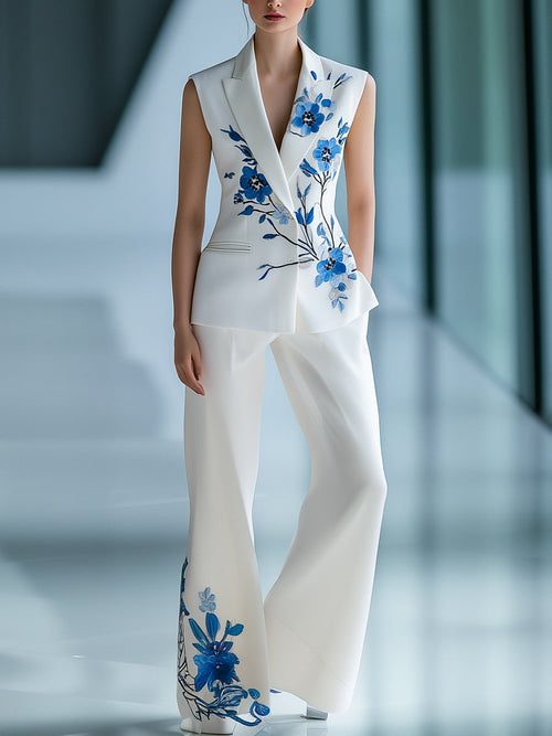 Urban Sleeveless Floral Printed Blazer and Trousers Set ZJ