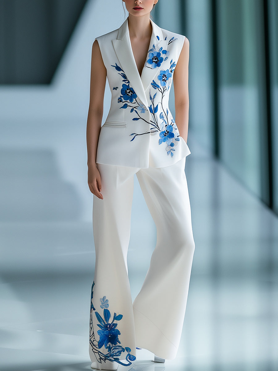 Urban Sleeveless Floral Printed Blazer and Trousers Set ZJ