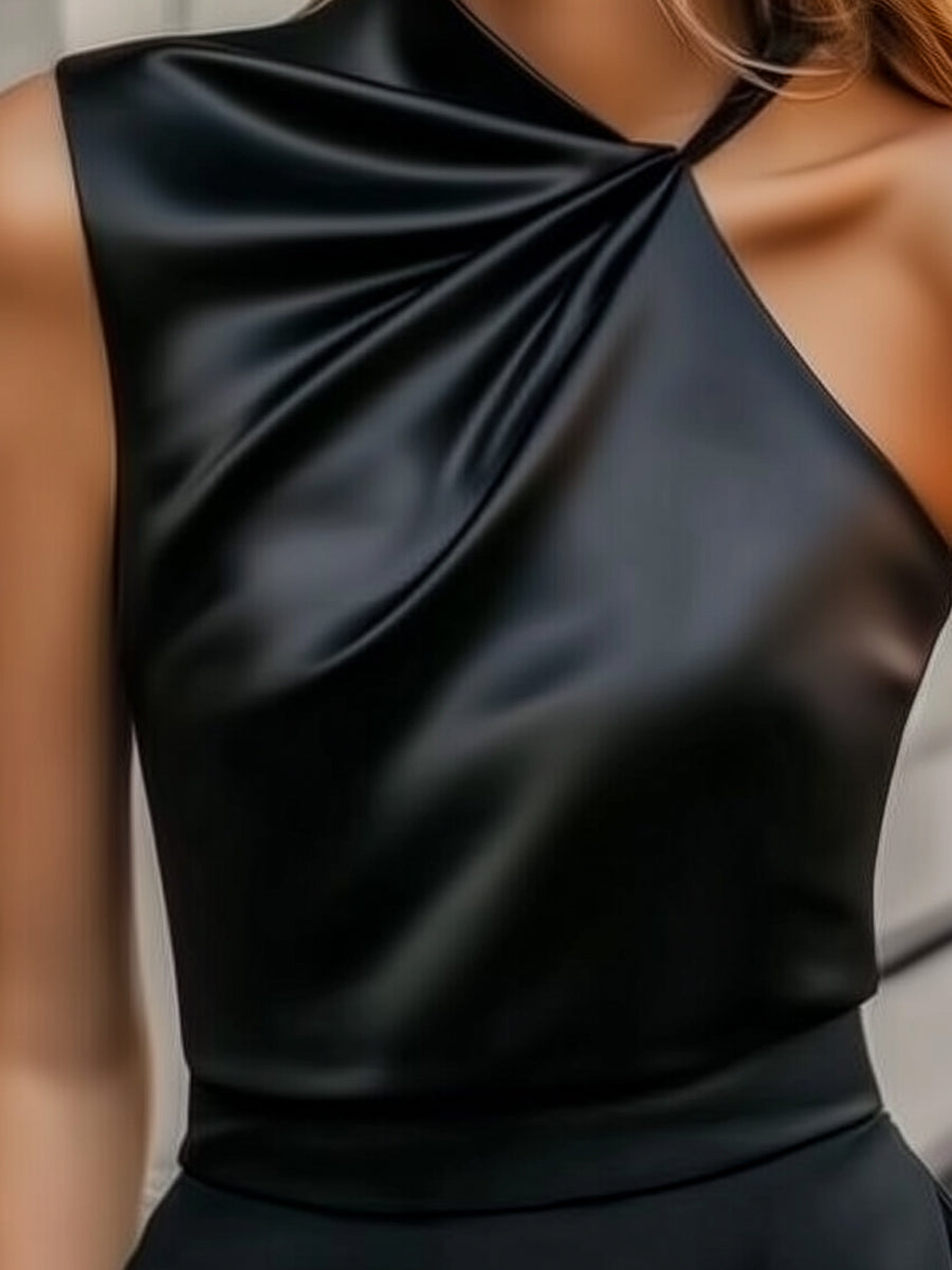 Modern Draped Satin Blouse with Single Strap Detail MLZ
