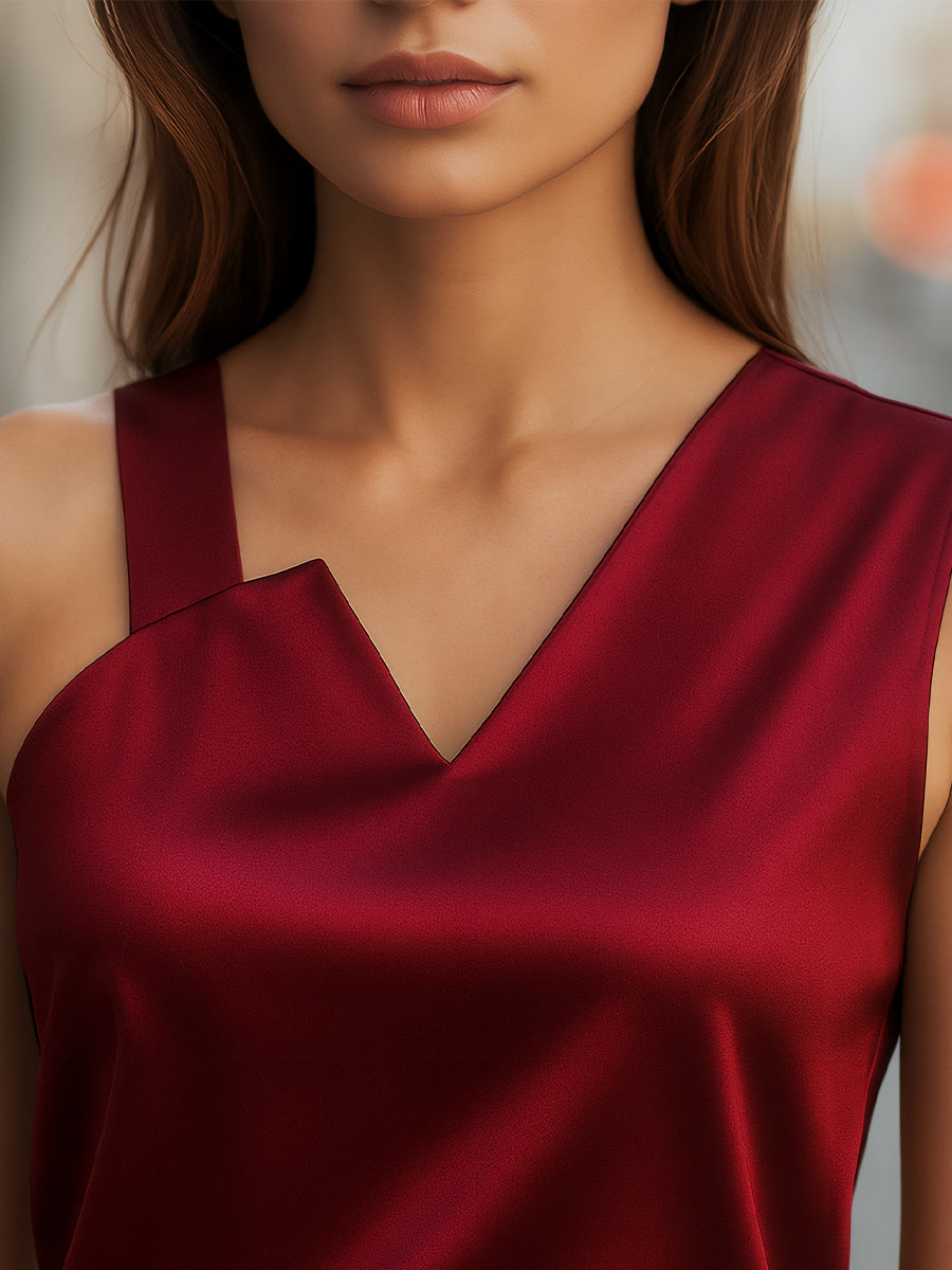 Sleek Asymmetrical Neck Satin Blouse MLZ