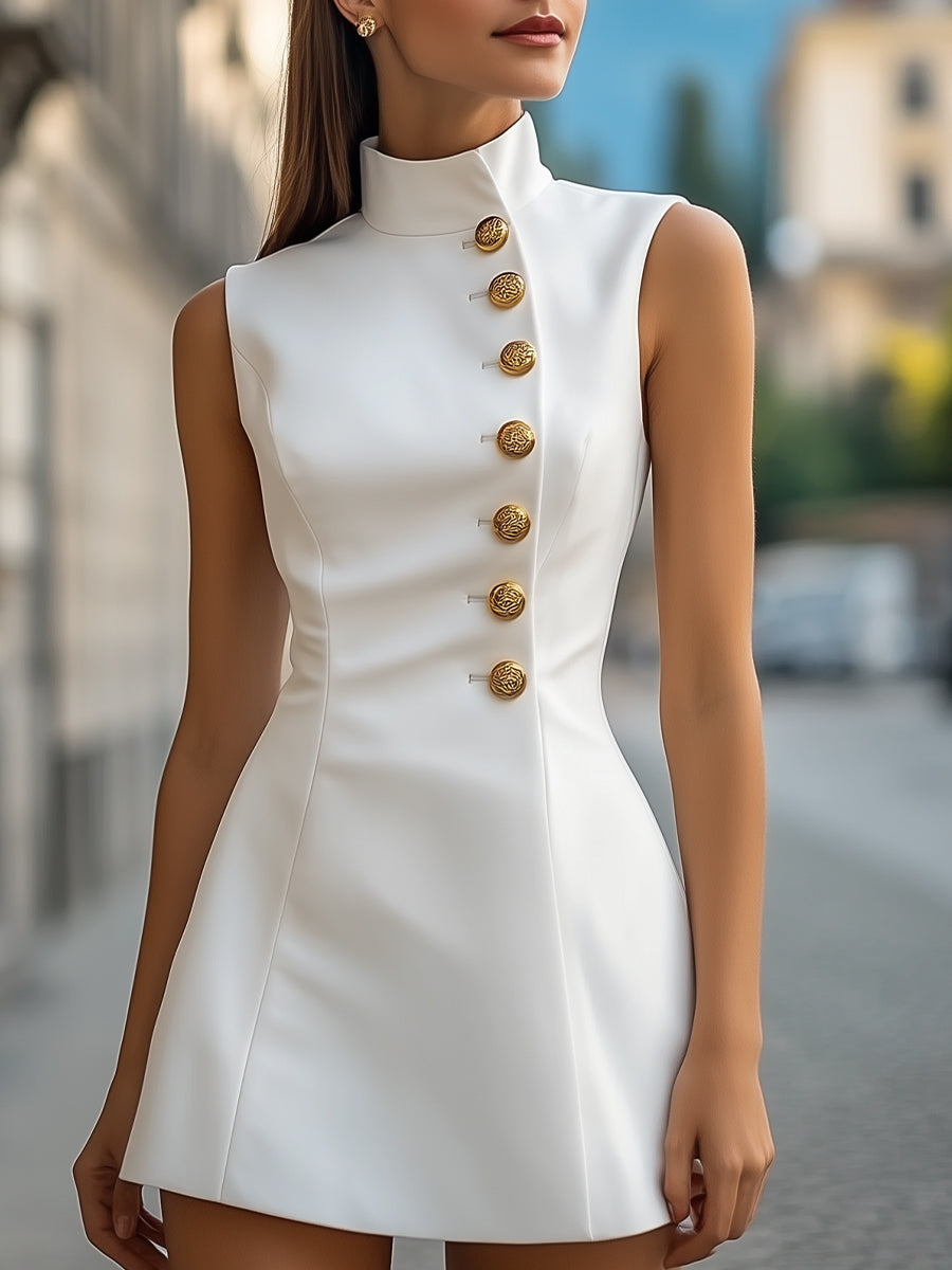 Golden Buttons Satin Sheath Dress with High Collar ZJ