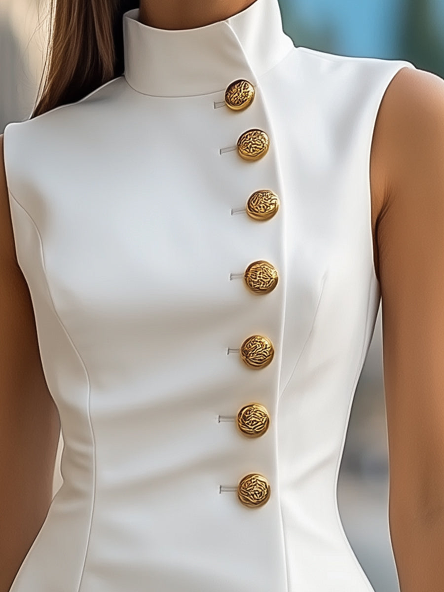 Golden Buttons Satin Sheath Dress with High Collar ZJ
