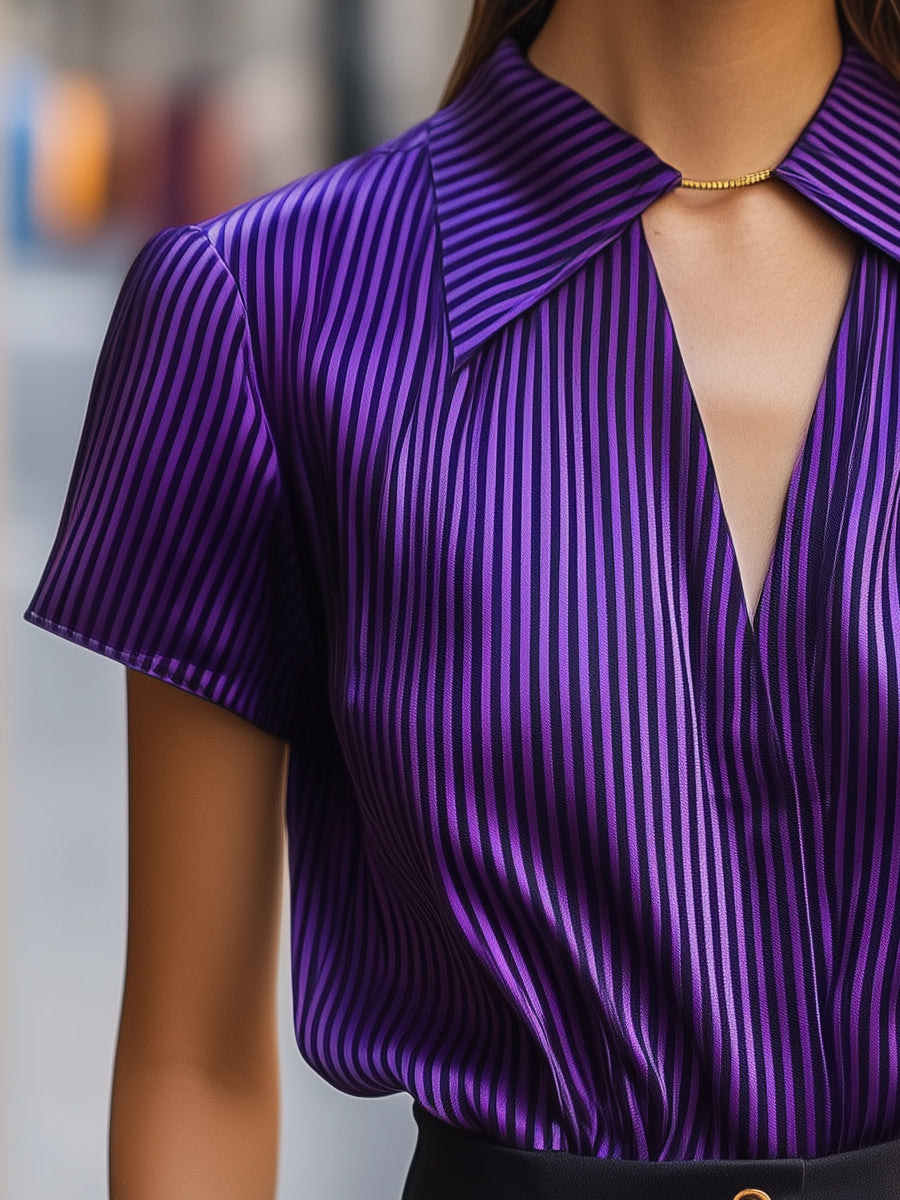 Satin Stripe Short-Sleeve Glossy Blouse with Wide Collar MLZ