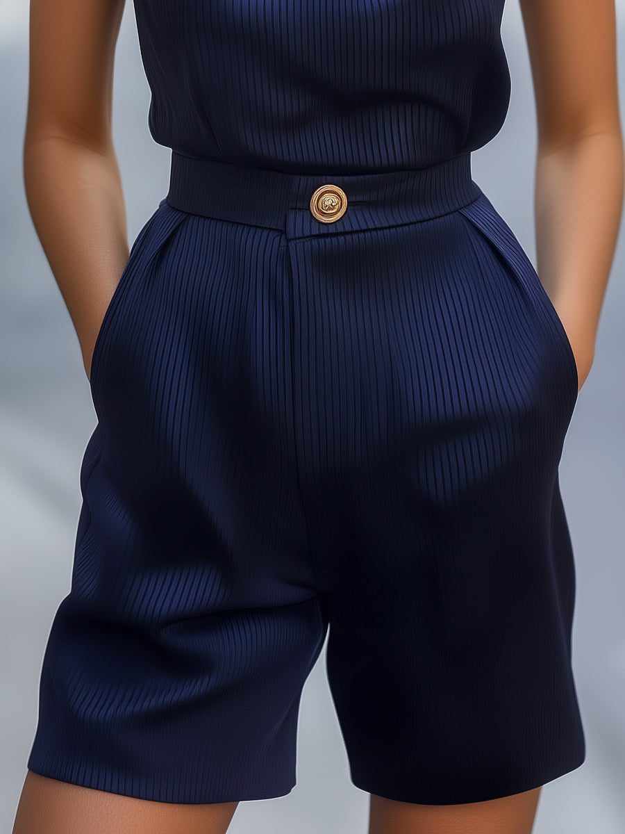 Pinstripe Sleeveless Blouse with Shorts Suit Set MLZ
