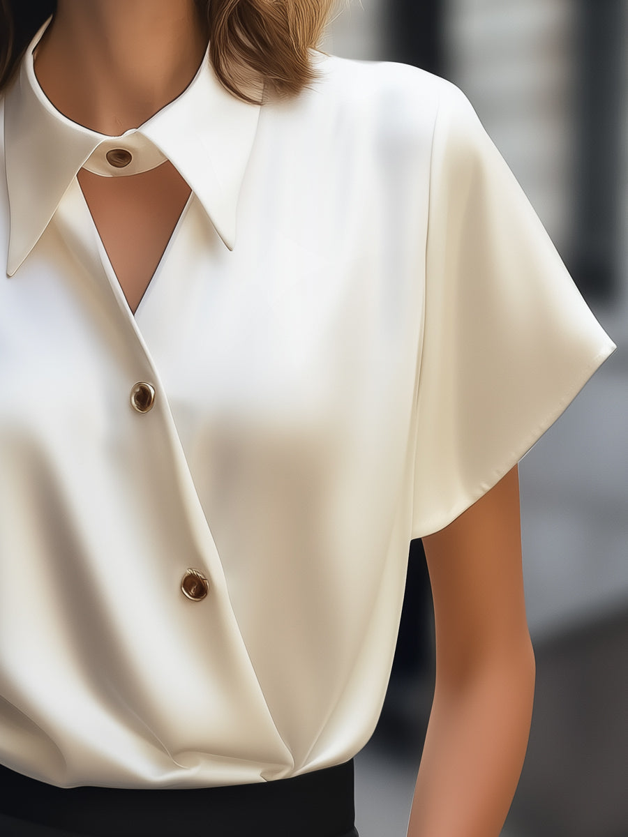 Asymmetric Buttoned Satin Blouse with Cutout Collar Detail MLZ
