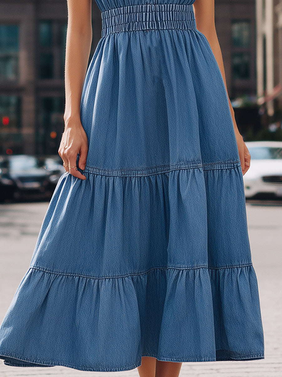 Halter Neck Tiered Denim Maxi Dress ZJ
