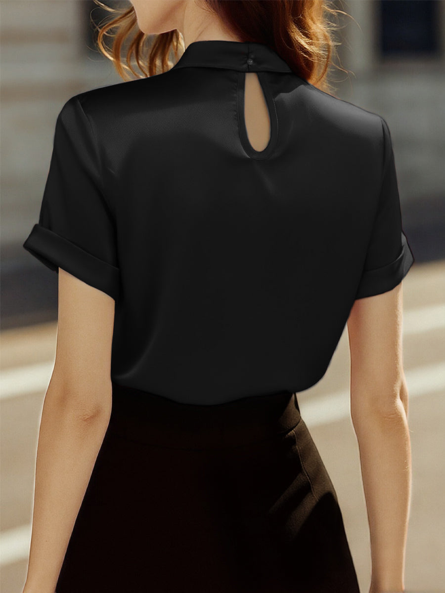 Sophisticated White Satin Blouse with Modern Keyhole Neckline MLZ