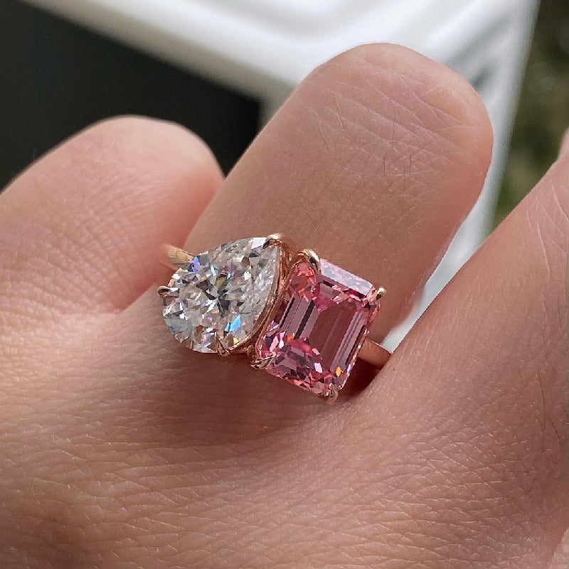Two Stone Pear Cut & Emerald Cut Ring in Rose Gold/Golden Tone hot