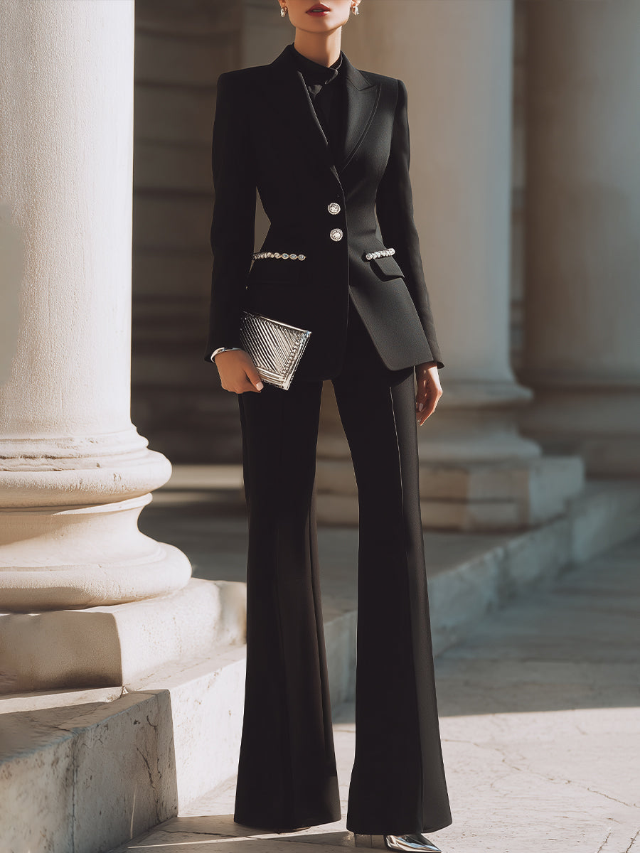 Tailored Embellished Button Blazer Set With Flared Pants XYS
