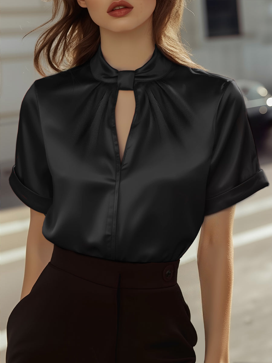 Sophisticated White Satin Blouse with Modern Keyhole Neckline MLZ