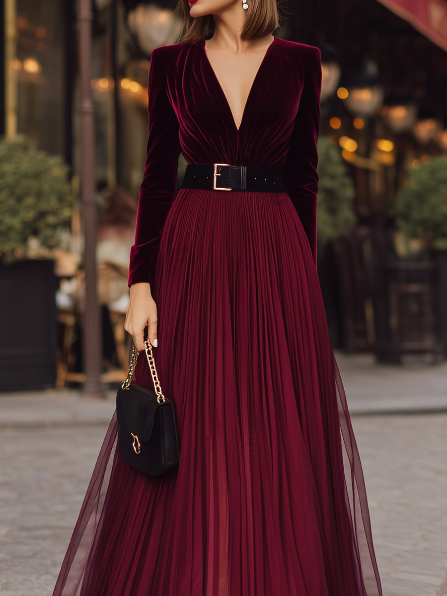 Velvet Deep V Pleated Mesh Maxi Dress With Belt MLZ
