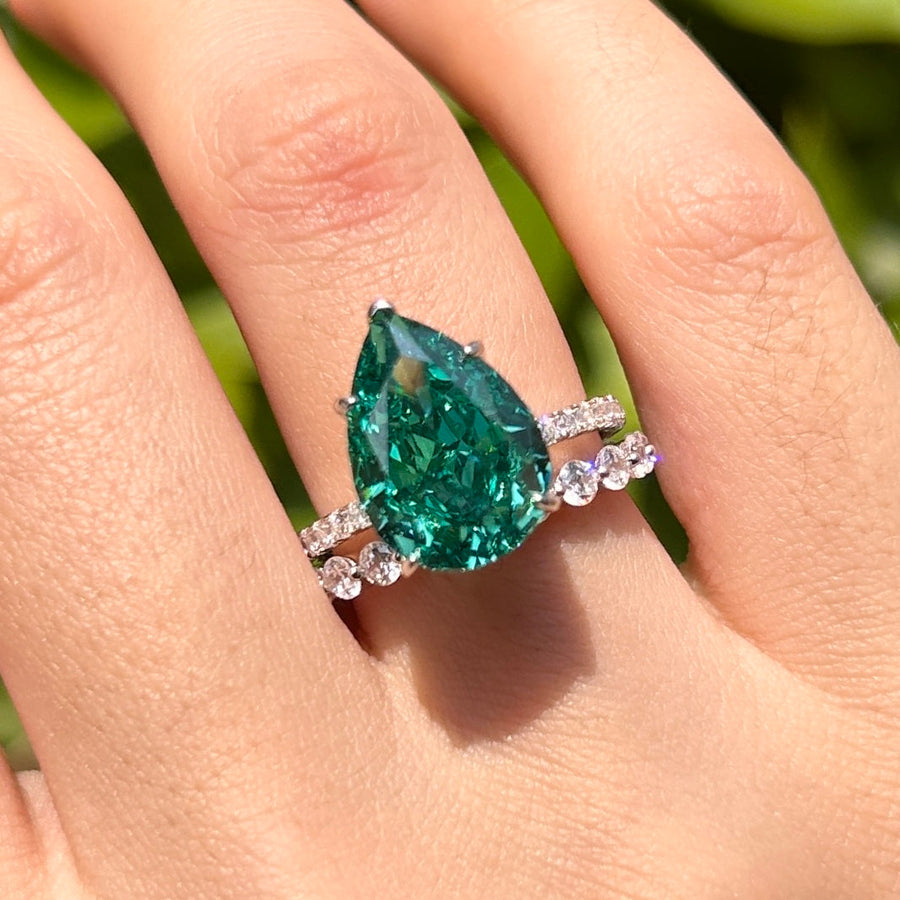 Sparkling Emerald Green Pear Cut Sterling Silver Bridal Set Carly Jewelry