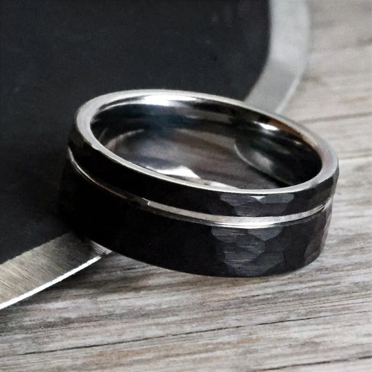 Hammered Black Tungsten Carbide Minimalist Men's Wedding Band Juluro