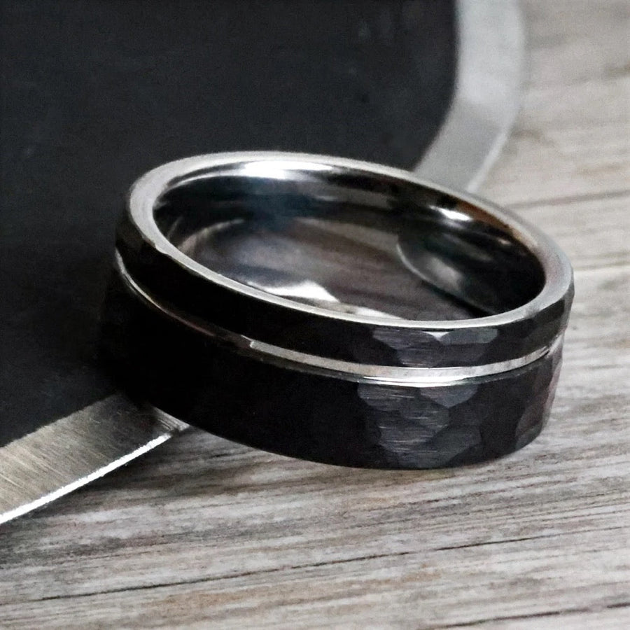 Hammered Black Tungsten Carbide Minimalist Men's Wedding Band Juluro